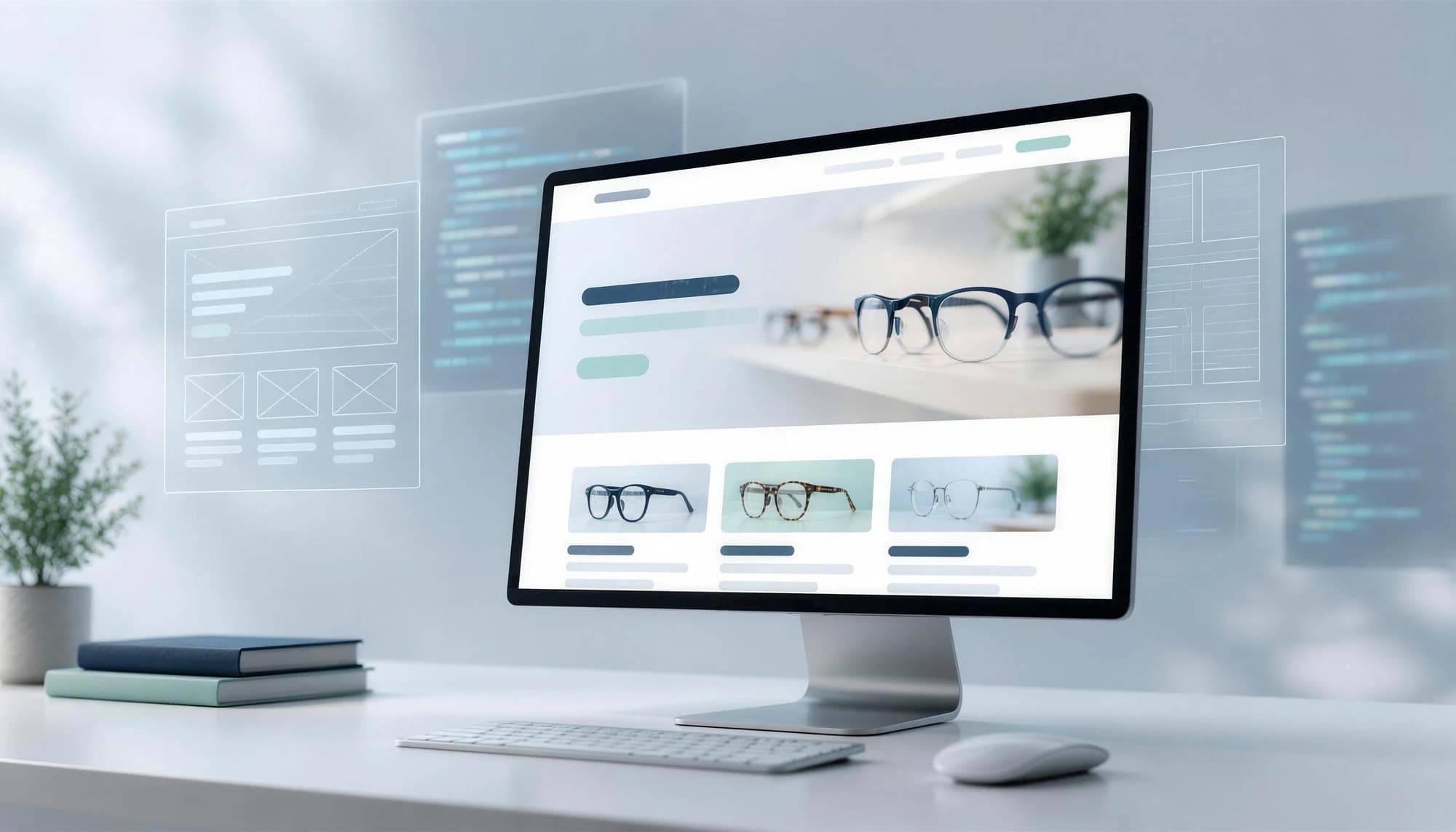 Professionelle Webentwicklung für Optiker: Bildschirm auf einem hellen Schreibtisch mit der Website eines Optikgeschäfts, dahinter schwach angedeutete transparente Ebenen mit Drahtgittermodell und Code.