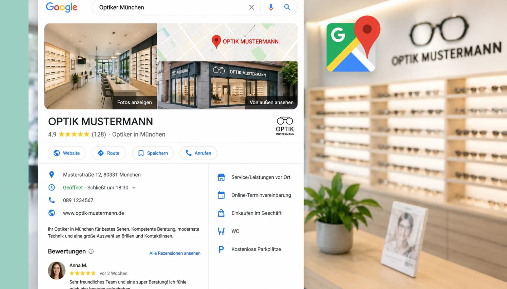 Google Business Profile für Optiker: der Eintrag, über den lokal gesucht wird Google-Suchergebnis für „Optiker München“ mit dem Unternehmensprofil eines Optikers: Fotos, Karte, Bewertungen, Öffnungszeiten und Leistungen.