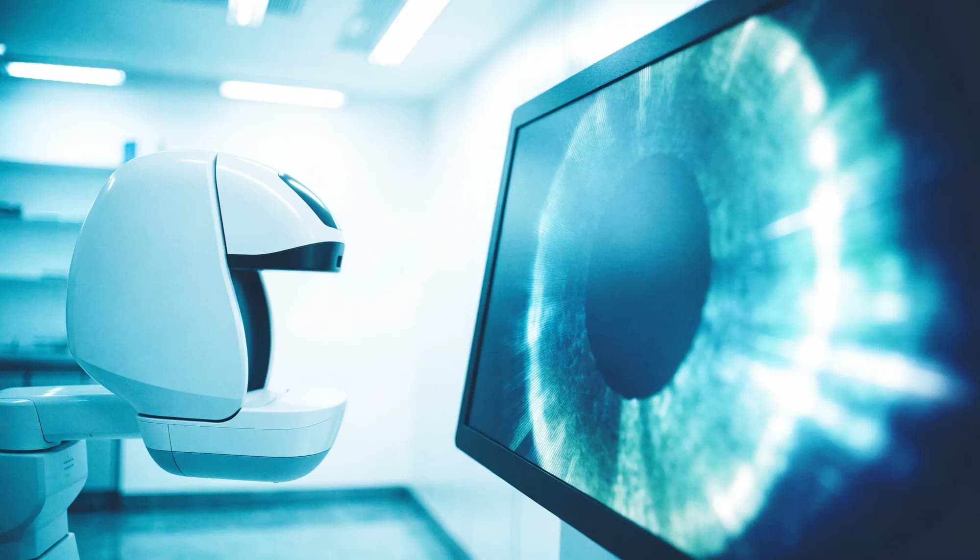OCT-Netzhautscanner in einem Untersuchungsraum, daneben ein Monitor mit einer vergrößerten Aufnahme einer Iris.
