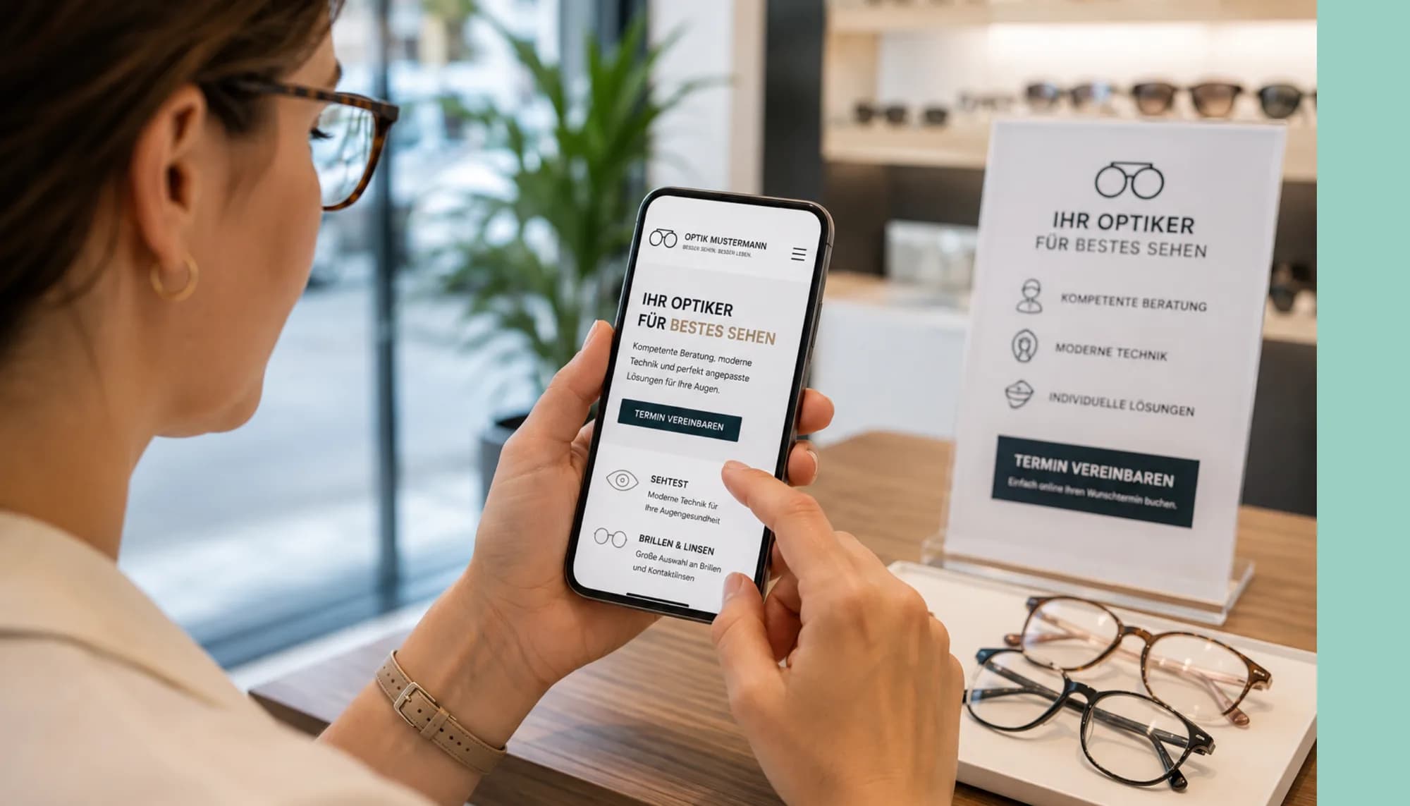 Mobile First: die Optiker-Website dort, wo die Suche beginnt Frau bedient im Optikergeschäft die mobile Website eines Optikers auf ihrem Smartphone, im Hintergrund eine Fassungswand.