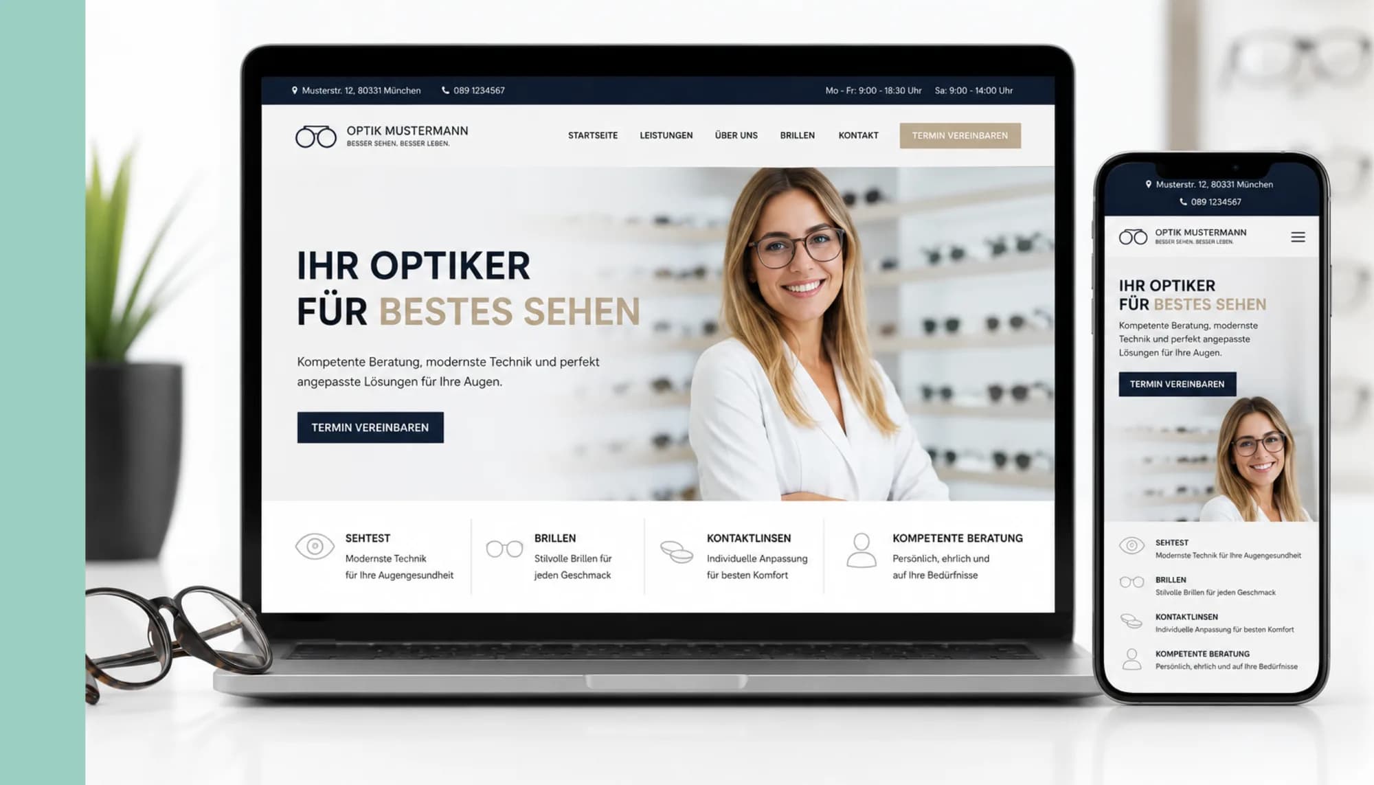 Moderne Optiker-Website mit integrierter Online-Terminbuchung Optiker-Website auf Laptop und Smartphone nebeneinander, auf beiden Geräten ist die Schaltfläche zur Terminvereinbarung sichtbar.