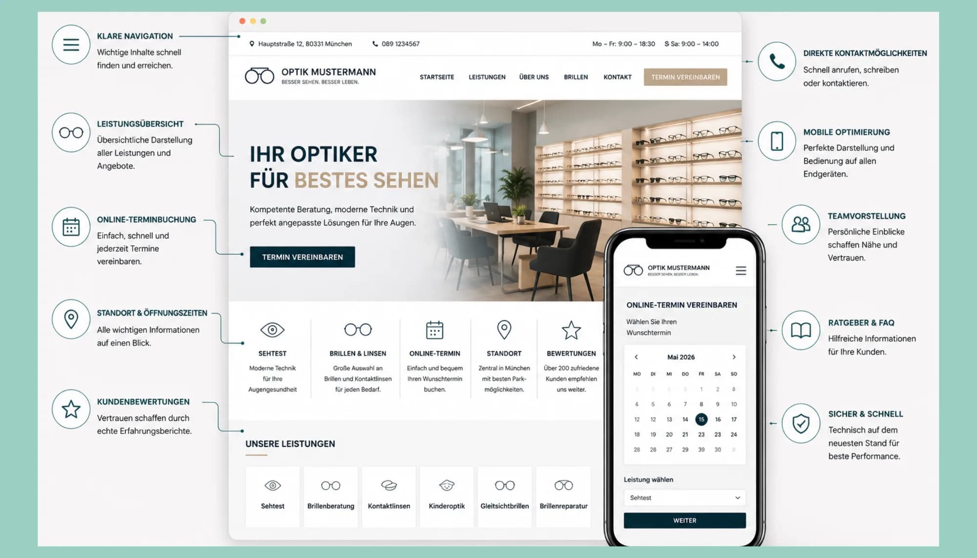 Die wichtigsten Funktionen einer Optiker-Website im Überblick Übersicht der zehn wichtigsten Funktionen einer Optiker-Website, angeordnet um die Ansicht einer Beispielseite auf Desktop und Smartphone.