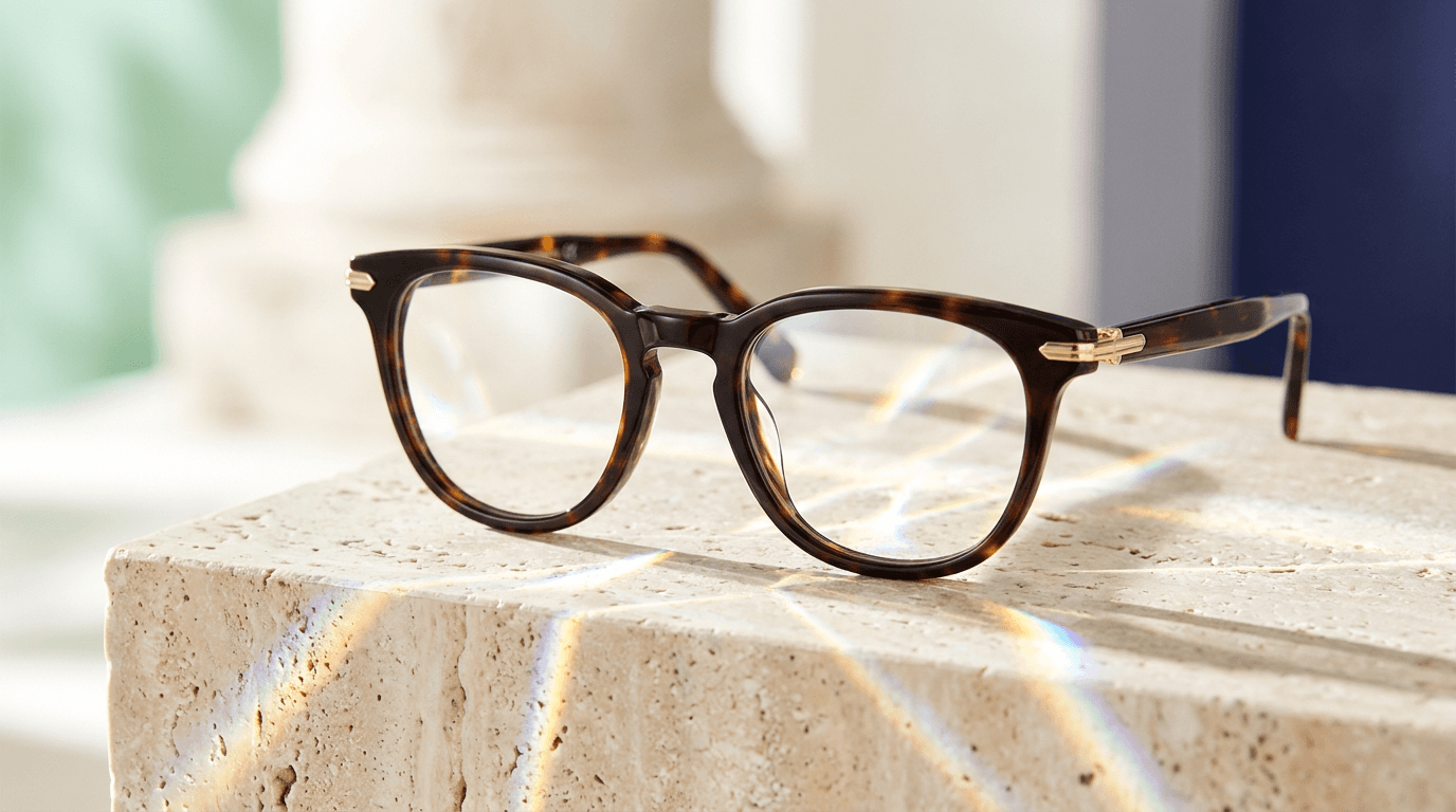Der erste Eindruck entsteht online – Webdesign für Augenoptiker Designerbrille mit Lichtreflexionen auf Steinoberfläche