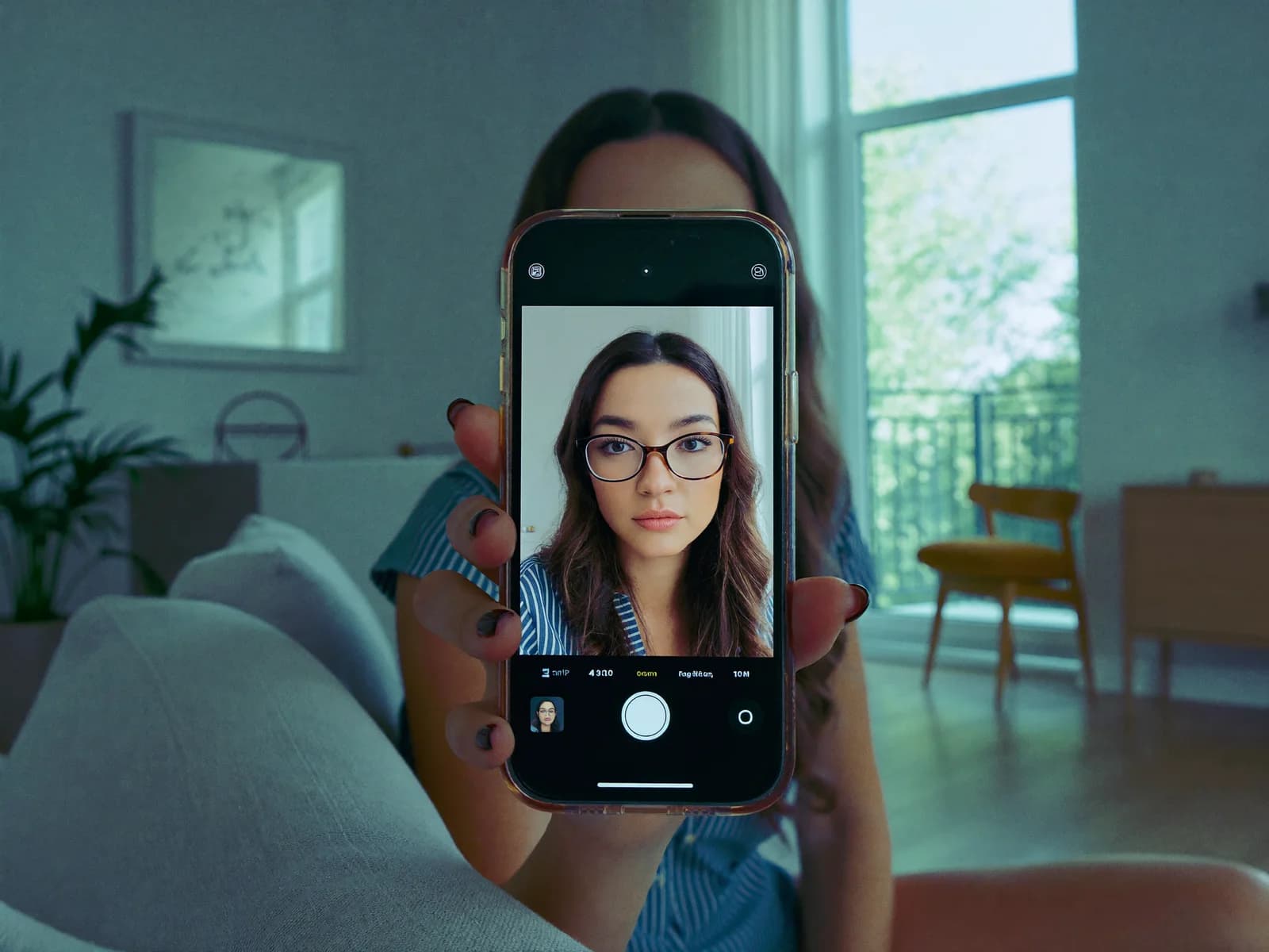 Virtual Try-On: Fassungen per Kamera im Browser anprobieren Frau hält ein Smartphone vor ihr Gesicht; auf dem Display trägt sie eine virtuell aufgesetzte Brillenfassung