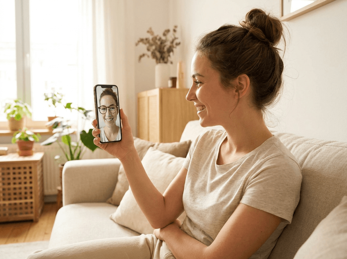 Frau probiert Brillen virtuell per Smartphone an