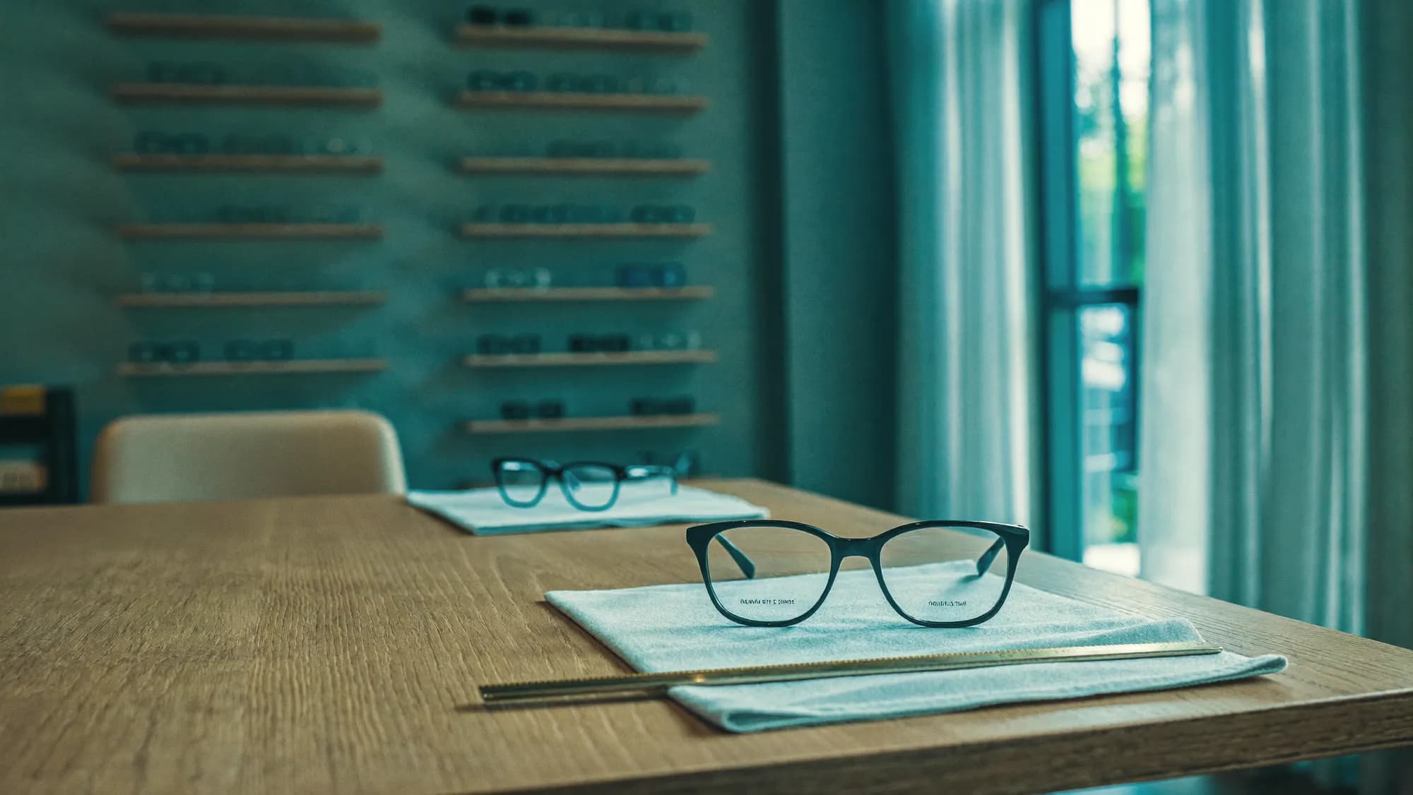 Webdesign und Website-Entwicklung für Augenoptiker Brillenfassung auf einem Mikrofasertuch am Beratungstisch eines Optikergeschäfts, dahinter eine Wand mit Fassungen im Tageslicht