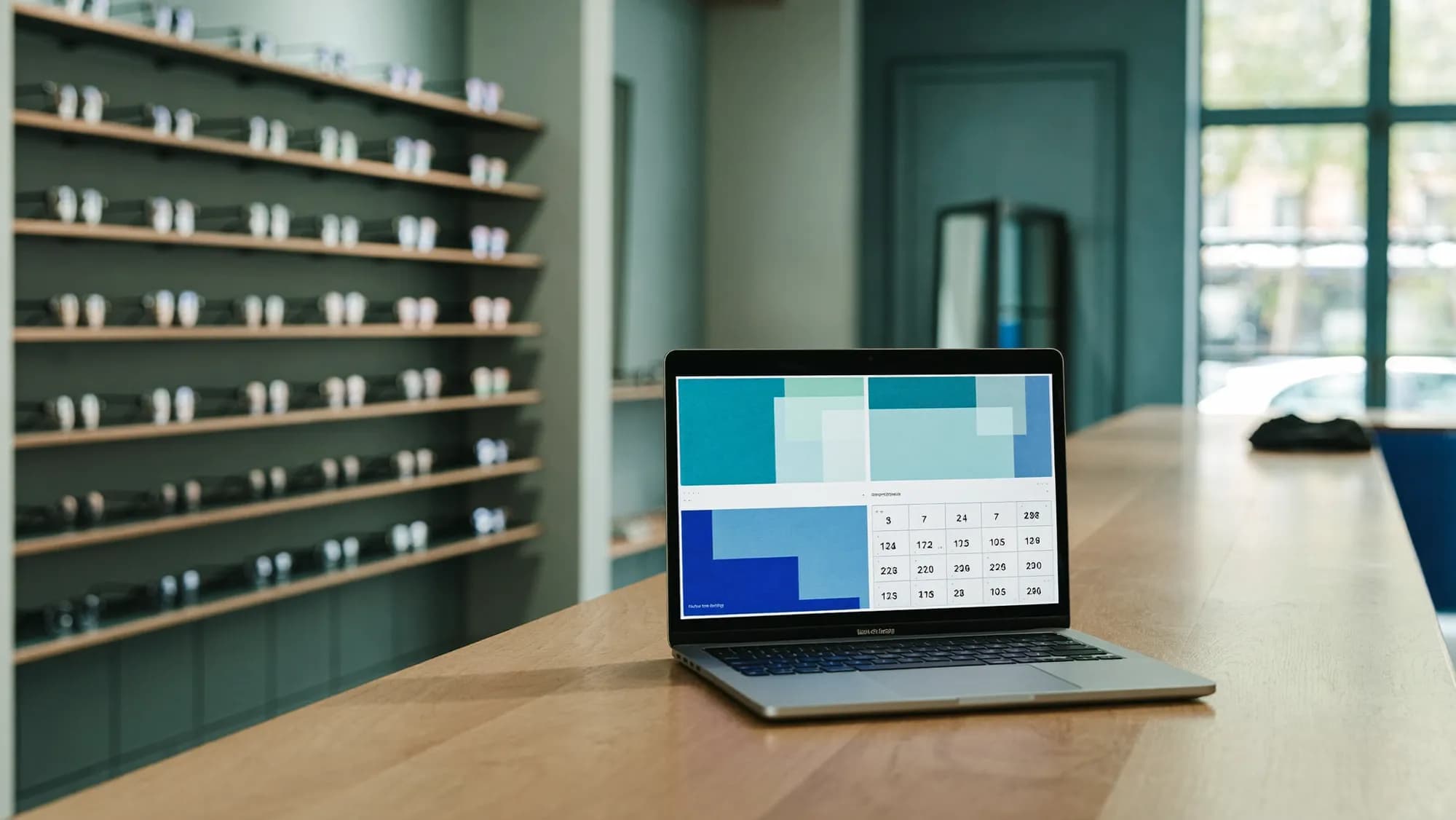 Webdesign und Software für Augenoptiker und Augenkliniken Laptop auf dem Holztresen eines Optikergeschäfts zeigt eine Website für Augenoptiker, dahinter eine Wand mit Brillenfassungen